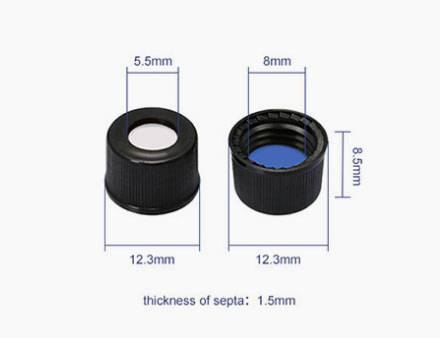 PTFE/Silicone Septa, 10mm Black Screw Polypropylene Cap, 7mm Centre Hole